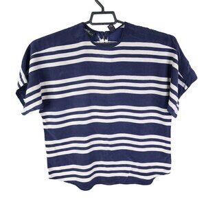 Women's Ellen Tracy Petite Silk Blouse Top Navy & White Striped Short Sleeve 12